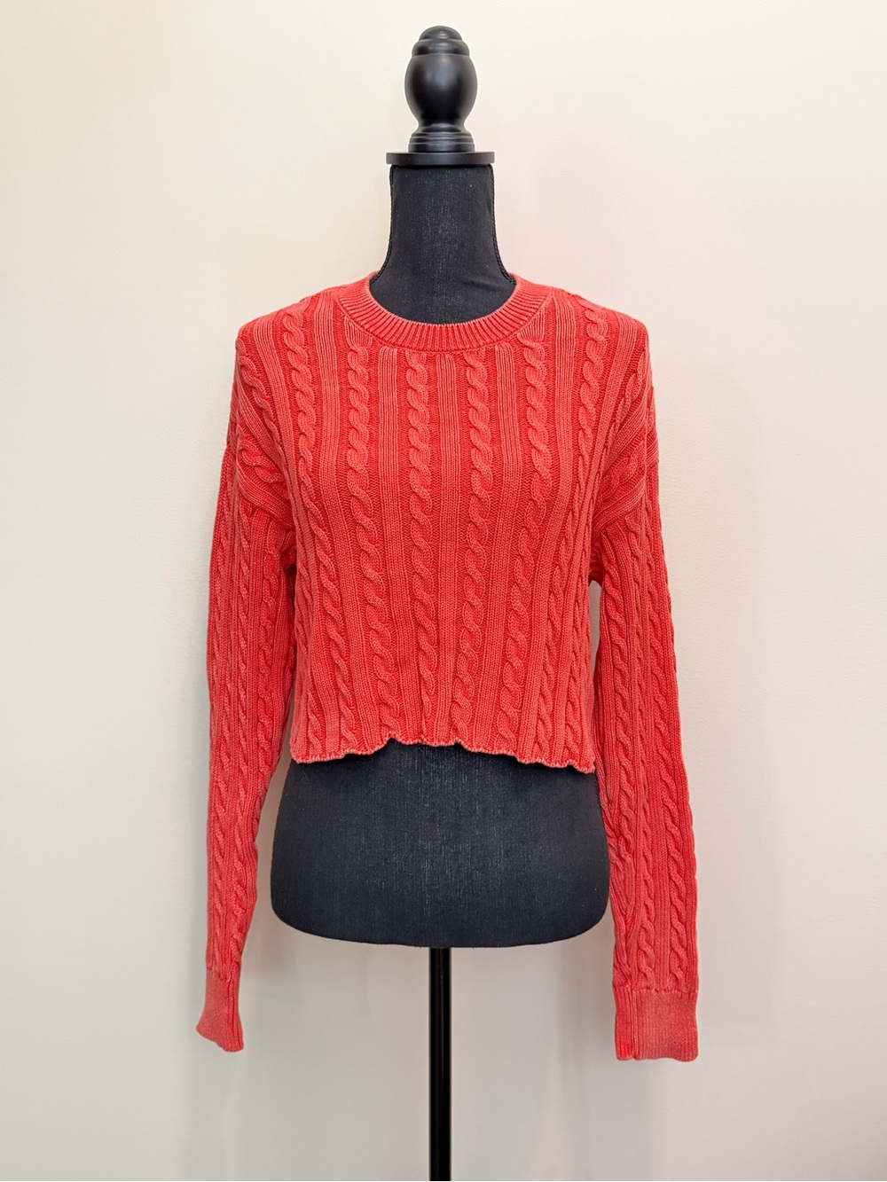 aerie Cropped Cable Knit Sweater Coral Womens M Faded Boho Cozy Cottage Festival